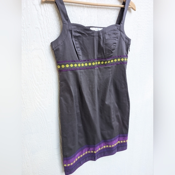 Boden Gray And Purple Pinafore Apron Shift Dress With  Ribbon Trim Size 6P - Picture 2 of 6